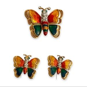Vintage Author's Brooch & Earrings Set Butterfly Enamel & Diamond 750 Gold